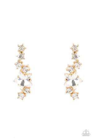 Cosmic Combustion Gold and White Rhinestone Earrings - Paparazzi Accessories