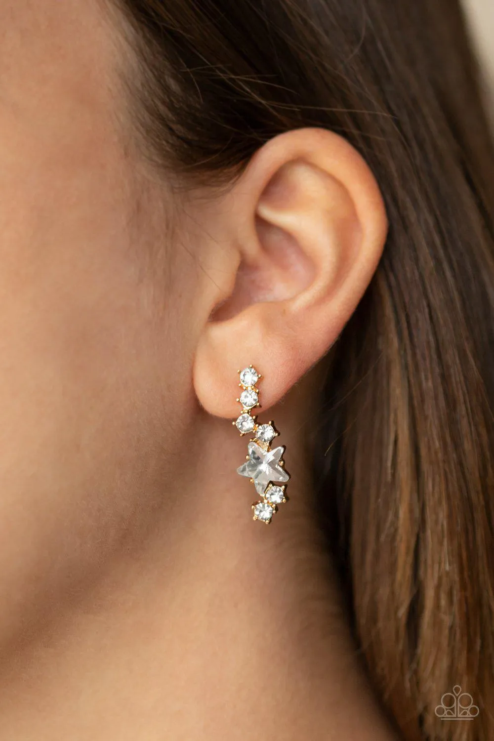 Cosmic Combustion Gold and White Rhinestone Earrings - Paparazzi Accessories