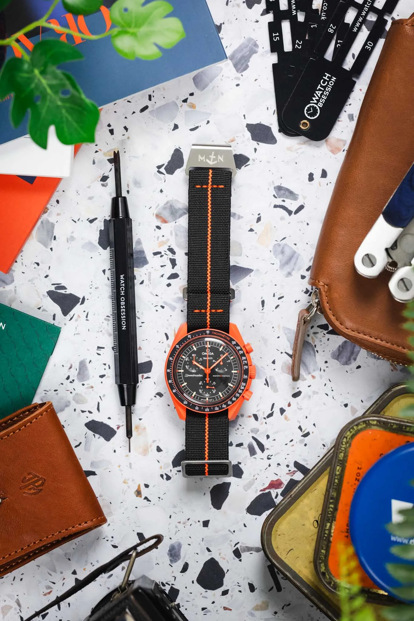 Erika's Originals BLACK OPS MN™ Strap with HOT ORANGE Centerline - BRUSHED Hardware