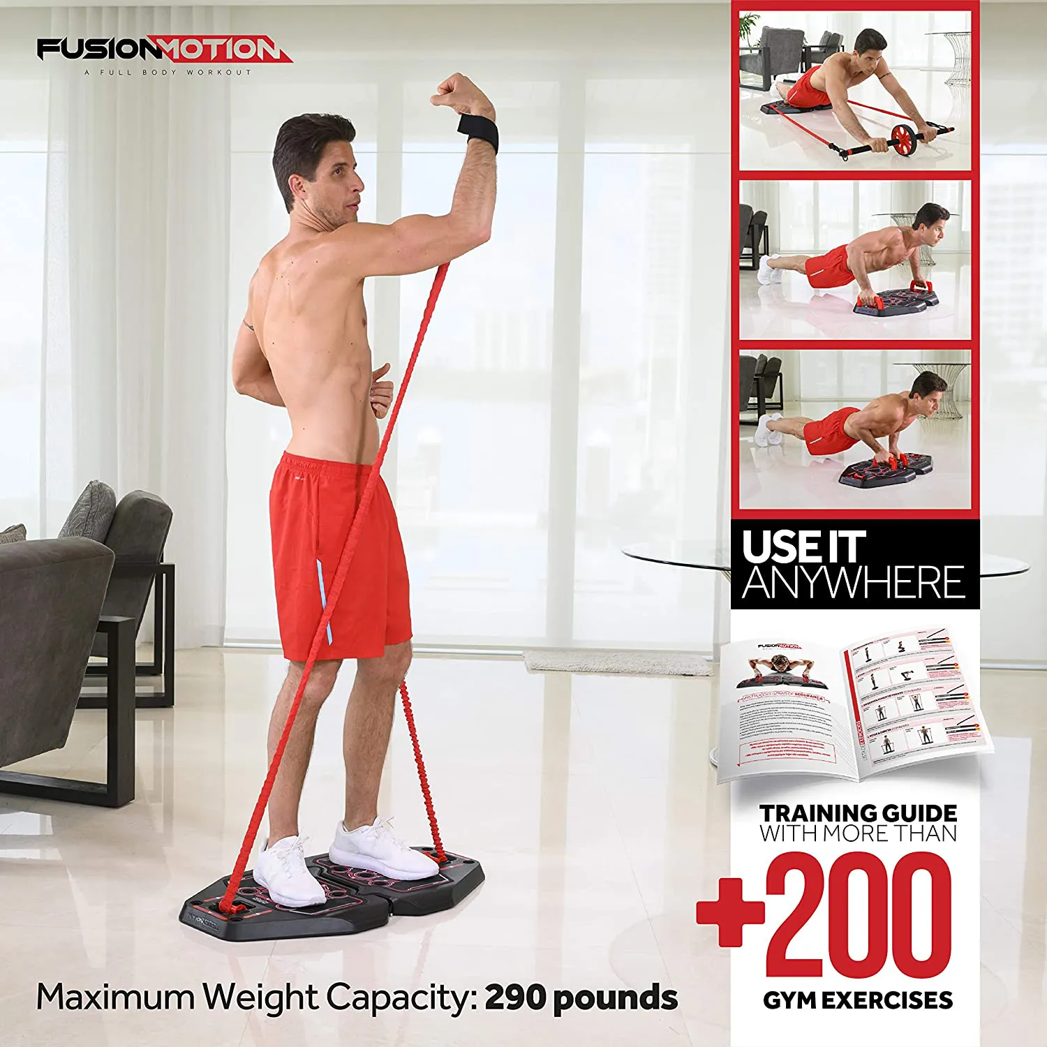 Fusion Motion Portable Gym with 8 Accessories Including Heavy Resistance Bands, Tricep Bar, Ab Roller Wheel, Pulleys and More - Full Body Workout Home Exercise Equipment to Build Muscle and Burn Fat