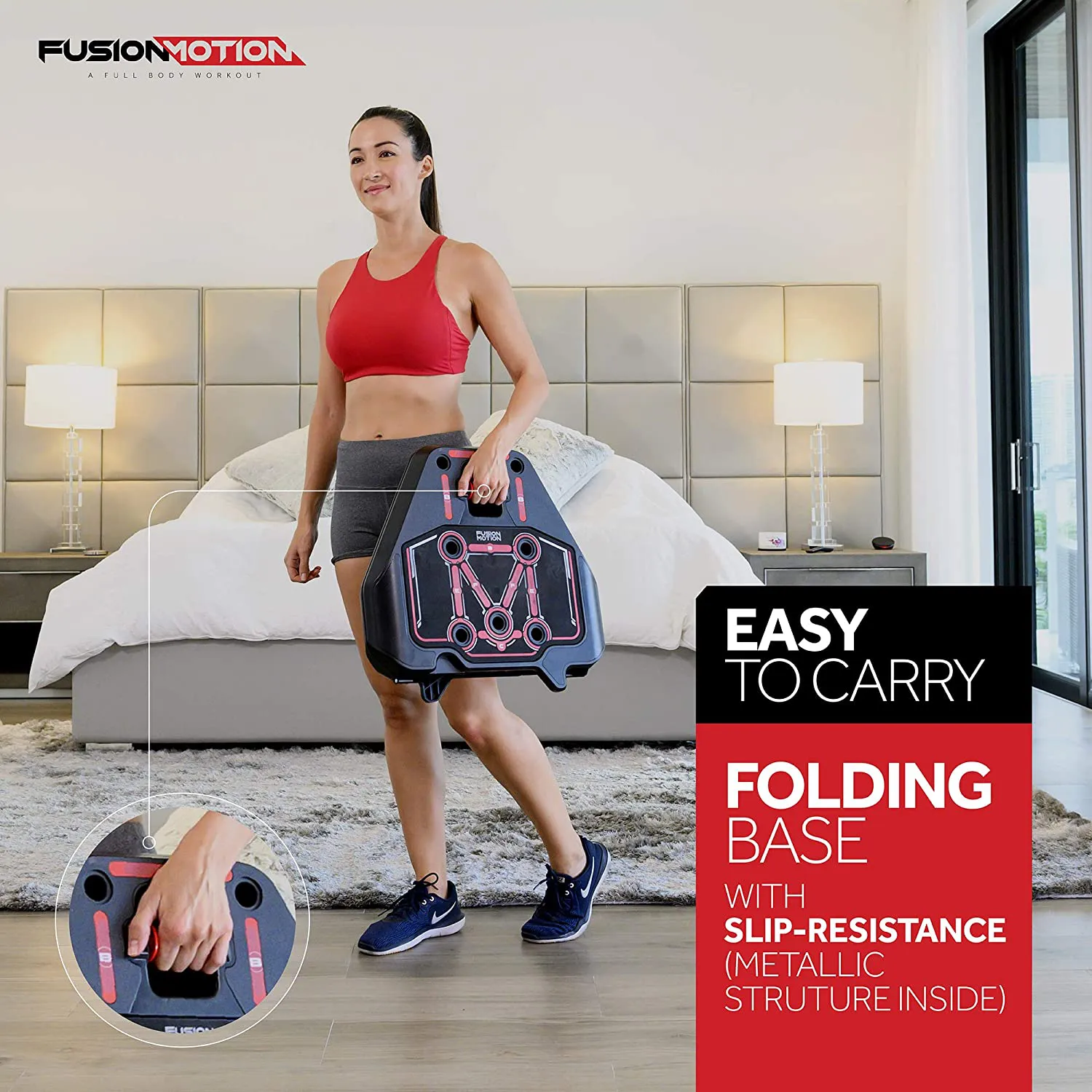 Fusion Motion Portable Gym with 8 Accessories Including Heavy Resistance Bands, Tricep Bar, Ab Roller Wheel, Pulleys and More - Full Body Workout Home Exercise Equipment to Build Muscle and Burn Fat