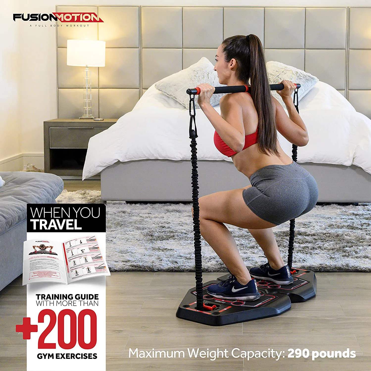 Fusion Motion Portable Gym with 8 Accessories Including Heavy Resistance Bands, Tricep Bar, Ab Roller Wheel, Pulleys and More - Full Body Workout Home Exercise Equipment to Build Muscle and Burn Fat