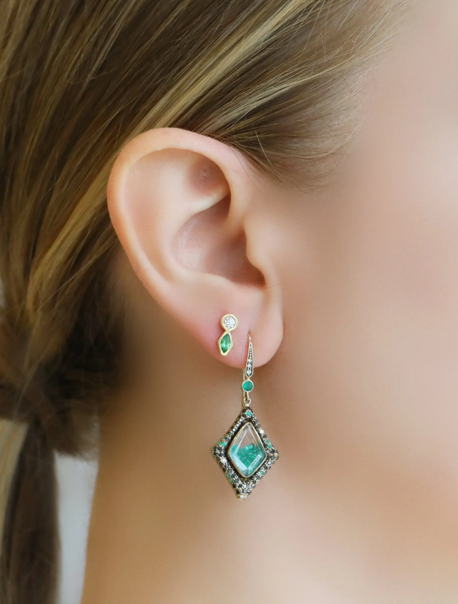 Gold Bezel-Set Marquise Tsavorite and Round Diamond Stud