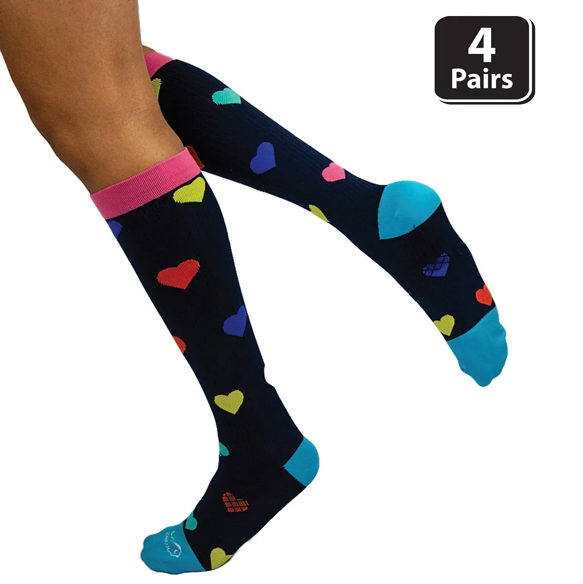 Heart Compression Socks, Anti-Fatigue, Comfortable, Fits Adult and Youth ( 4 Pairs)