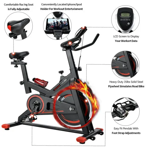 Indoor Cycling Bike Trainer with Belt Drive System & LCD Monitor, Exercise Bike for for Home Workout(Black & Red)