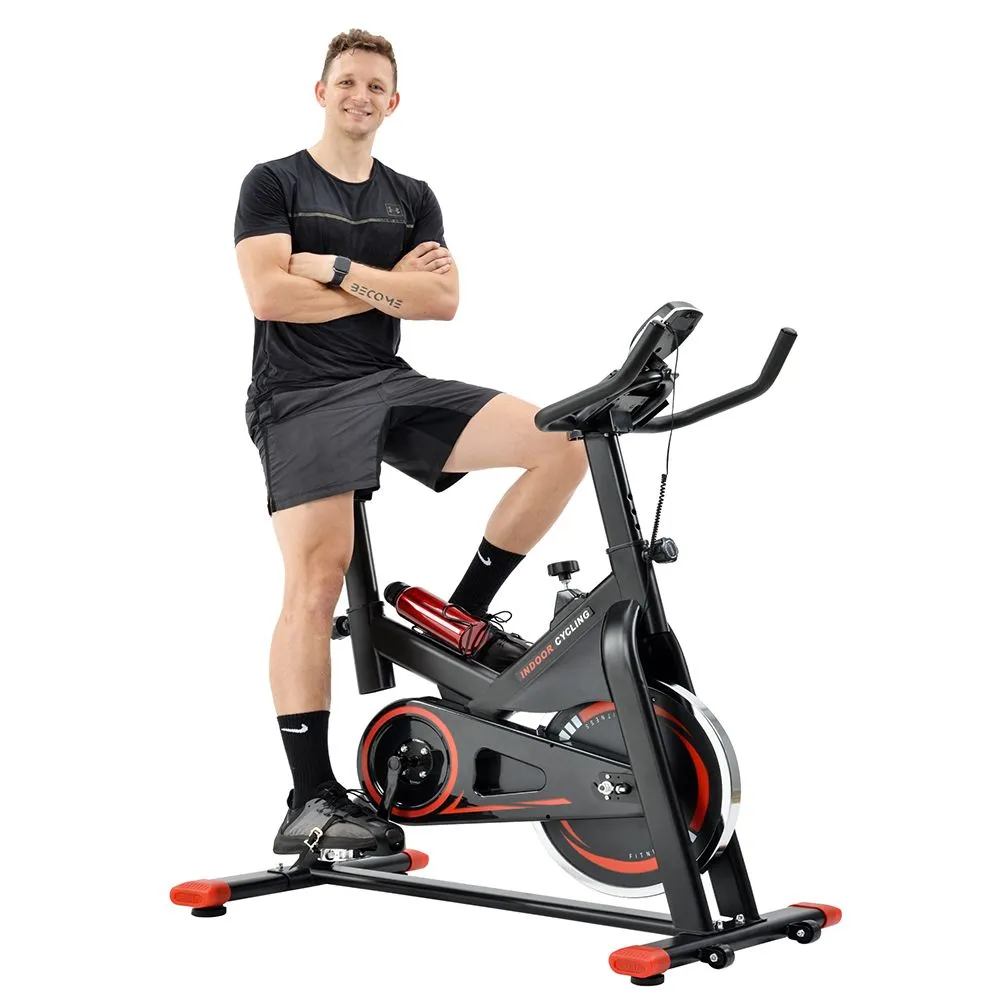 Indoor Cycling Bike Trainer with Belt Drive System & LCD Monitor, Exercise Bike for for Home Workout(Black & Red)