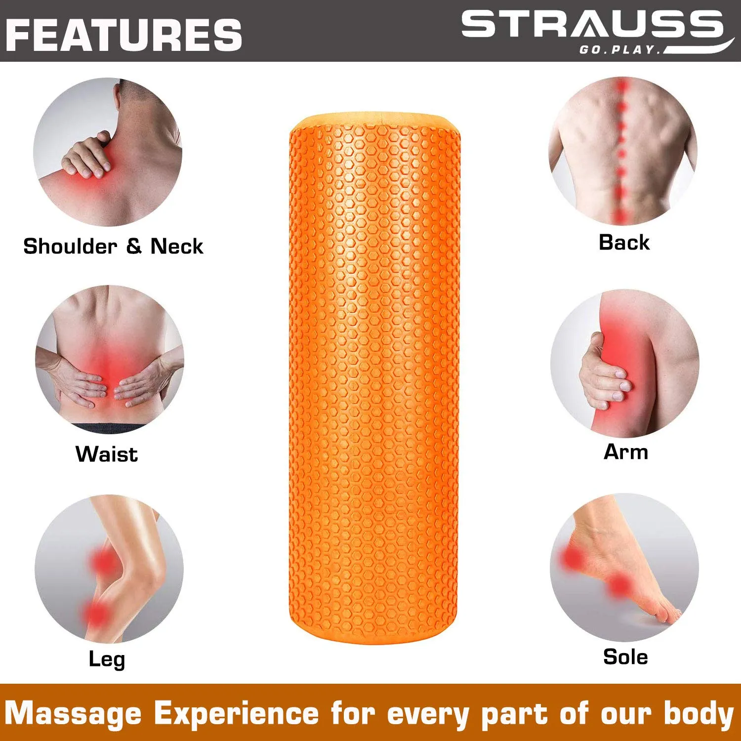 Strauss Foam Roller (Orange), 30 cm and Dual Yoga Massage Ball, (Blue)