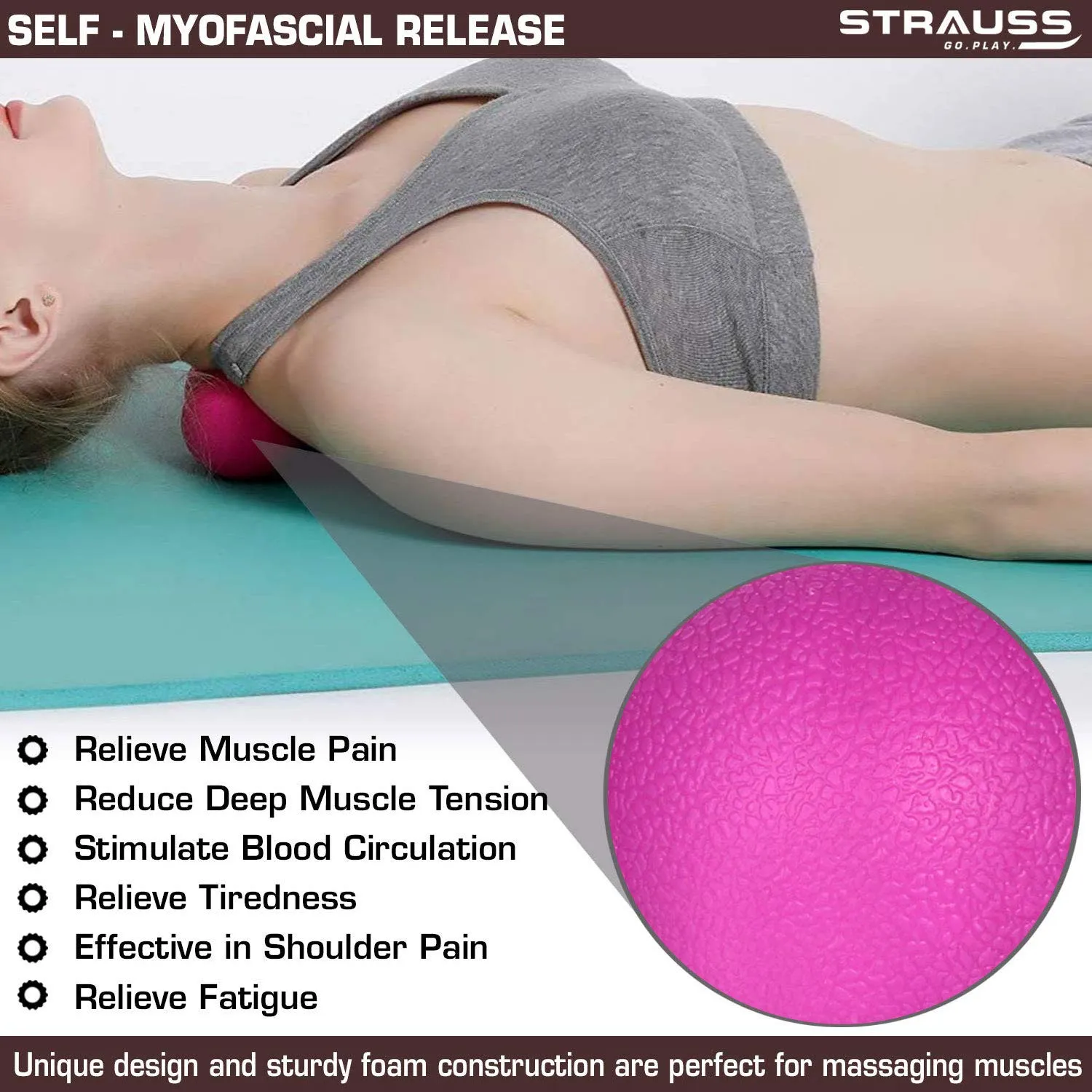 Strauss Foam Roller (Purple), 30 cm and Dual Yoga Massage Ball, (Pink)