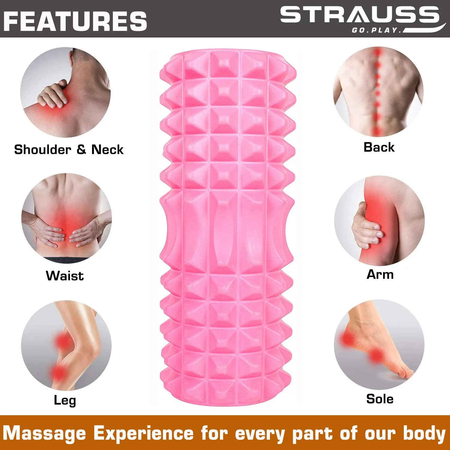 Strauss ST-1442 Grid Foam Roller (Pink), 33 cm and Dual Yoga Massage Ball, (Pink)