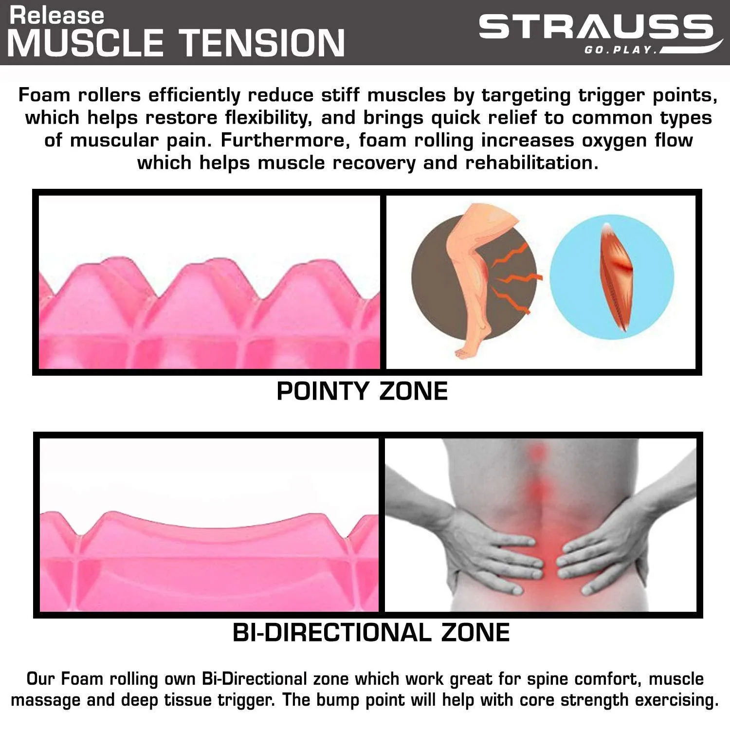 Strauss ST-1442 Grid Foam Roller (Pink), 33 cm and Dual Yoga Massage Ball, (Pink)