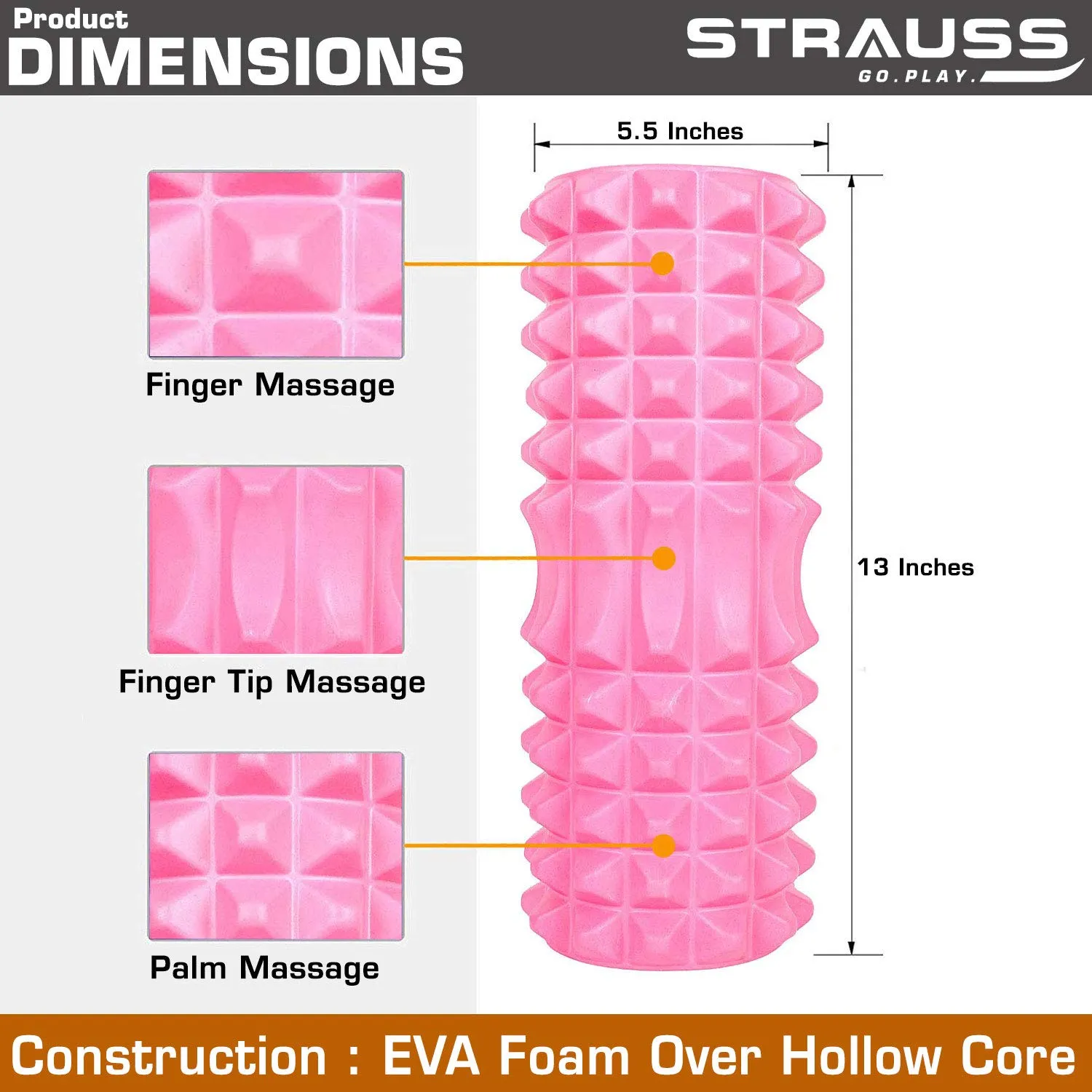 Strauss ST-1442 Grid Foam Roller (Pink), 33 cm and Dual Yoga Massage Ball, (Pink)